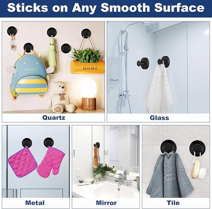 4 PCS Suction Cup Hooks for Shower, Hooks for Inside Shower, Removable Towel Hooks for Bathroom Wall, Kitchen, Glass, Tile, Mirror, Bath Robe Looafh Hook for Hanging (Black)