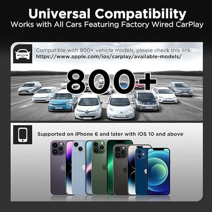 Wireless CarPlay Adapter for Apple iPhone，Wireless Carplay USB Dongle Converter Wired Carplay to Wireless, Support Online Update Plug and Play,Fit for Cars Built-in Wired CarPlay (Carbon)