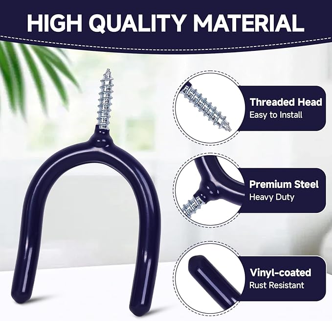 12 Pack Garage Storage System Steel U Hooks with Anti-Slip Coating Home Improvement and Organization Screw in Hooks Easy Wall Mounting Heavy Duty Bike and Ladder (Blue, 12 Pack)