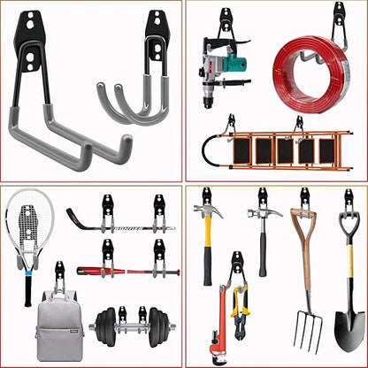 3-H Garage Wall Hooks 10 Pack, Heavy Duty Garage Hooks with Extra Welding Spots, Wall Mount Storage Organizer for Hanging Garden Lawn Tools, Chair, Shovel, Blower, Toolkit (Grey)