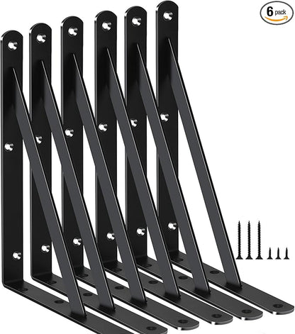 6 Pack L8 x H 6" Black Heavy Duty Shelf Brackets with Screws Metal Shelf Brackets Shelf Support Angle Brackets for Shelves L Brackets Heavy Duty Floating Shelf