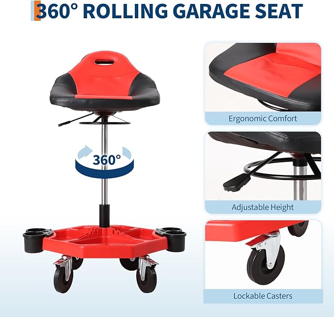 Garage Stool, 19”-24” Adjustable Rolling Mechanic Stool with Universal Wheels, Removable Magnetic Tool Tray, 300LBS Capacity, Roller Creeper Seat, Shop Chair