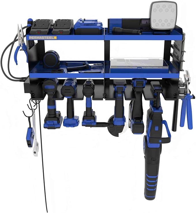 Permasteel Power Tool Organizer Wall Mount - 150 Lbs Load 3-Layer Heavy Duty Metal Storage Rack with Charging Station, Holds 6 Drills, 9 Hand Tools and 16 drill bits for Garage and Workshop, Blue