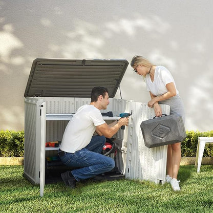 Horizontal Outdoor Garden Storage Shed for Backyards and Patios, Plastic Storage Box Waterproof, Small Shed 26 Cubic Feet Capacity for Bike, Garbage Cans, Lawn Mower, Tools and Garden Accessories