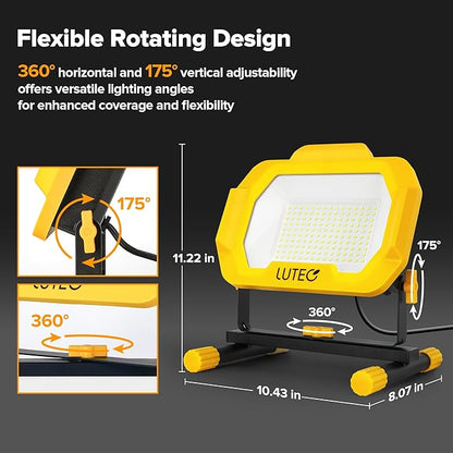 LUTEC 12500 Lumen LED Work Light, Dimmable Flood Lights with 3 Brightness Levels, IP65 Waterproof Portable Job Site Lights with Stand and 5 Ft 3-Prong Power Cord for Workshop Garage Construction Site