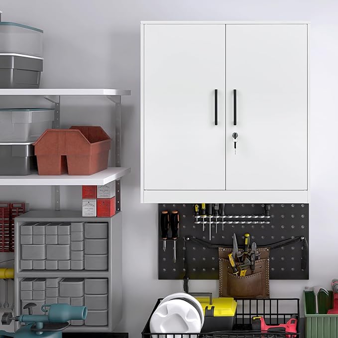 LUCYPAL Locking Storage Cabinets,Metal Cabinet with Adjustable Shelves and 2 Doors,Steel Counter Cabinet with Lockable Doors for Home Office (White)