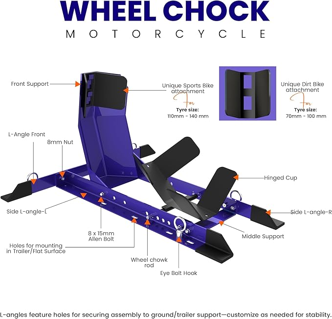 GRAND PITSTOP Universal Wheel Chock for Motorcycle Stand for Trailer Completely Adjustable Detachable Foldable Wheel Chock (Blue)
