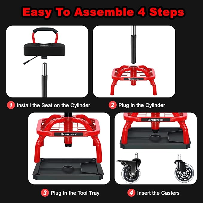 Rolling Shop Stool with Wheels, Garage Mechanic Shop Chair with Handle Backrest, Adjustable Height Work Stool, Roller Seat with Tool Tray Storage, Heavy Duty, 330 LBS Capacity, Red