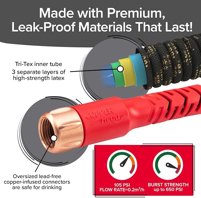 Pocket Hose Copper Head w/New Pocket Pivot Expandable Garden Hose 50 FT, AS-SEEN-ON-TV, Swivels 360°, Advanced Tri-Tex Tubing & Force Field Jacket, 3X Stronger, Lead-Free, No-Kink, Anti-Burst w/APT