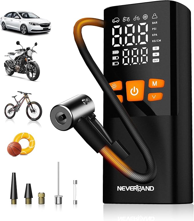 NEVERLAND Tire Inflator Portable Air Compressor - 4X Faster 150 PSI Air Pump for Car Tires, Electric Bike Pump with Pressure Gauge, Auto-Shutoff Cordless Tires Pump for Car Bicycle Motorcycle Ball