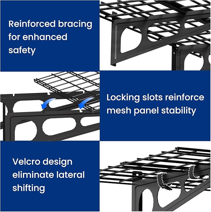 FLEXIMOUNTS 2-Pack 2x6ft Garage Shelving with Hooks, 24-inch-by-72-inch Wall Shelf Garage Storage Racks Floating Shelves, Black