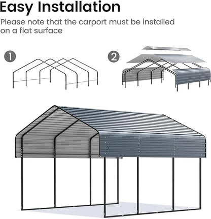 10'x15' Heavy Duty Metal Carport, Outdoor Garage Car Shelter Shade with Heavier Frame, Galvanized Roof for Car and Boats, Grey