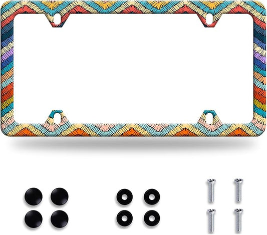 Boho License Plate Frame Colorful Stripe License Plate Stainless Steel Funny License Plate Holder Men Women Personalize Mandala Car Accessory Decoration 12.3" x 6.3"