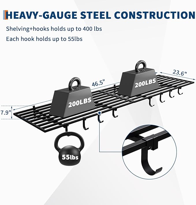 2 Pack Heavy Duty Garage Wall Shelves, 2x4ft Wall Mount Storage Shelf with Hooks, Shelf Warehouse Organization System, Rack Shelving, Holds 200 Lbs Each for Shop, Garage Storage