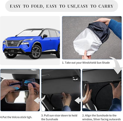 Sun Shade Sunshade for Nissan Rogue Windshield Cover,4-Layer Front Window Shade Custom Fit Rogue 2021-2024 2025 (Not for Rogue Sport) Sun Visor 240T Retractable Shade Shield Blocks UV Rays