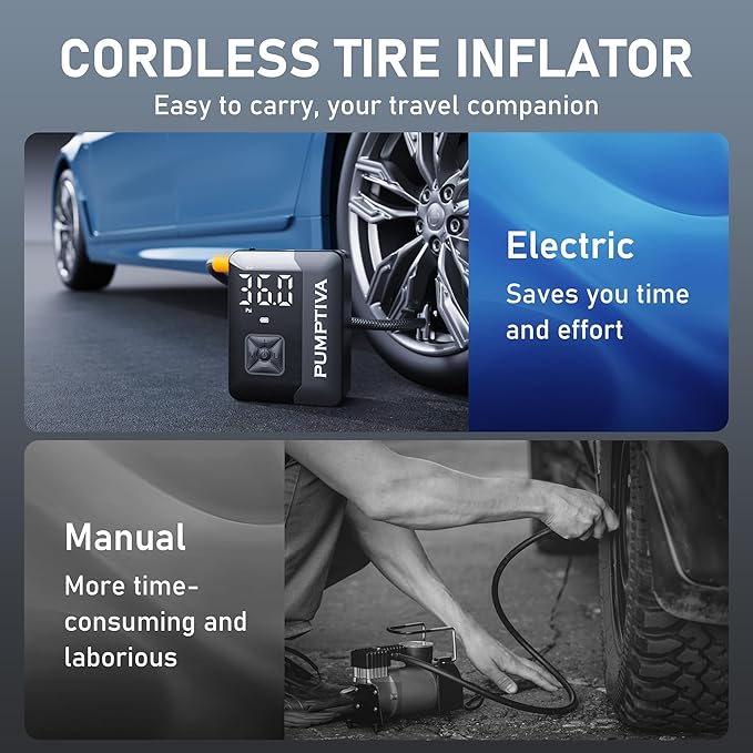 Tire Inflator Portable Air Compressor, 150 PSI Portable Electric Bike Pump Auto Shut-Off Cordless Car Tire Air Pump with Accurate LCD Display LED Light for Car, Motorcycle, Bicycle, Bike, Ball