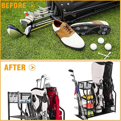 SNAIL Golf Bag Garage Storage Organizer Extra Large Size Golf Bag Rack Stand Holder Fits 2 Golf Bags and Other Golfing Equipment Accessories, Metal Black Golf Club Storage for Garage Shed and Basement