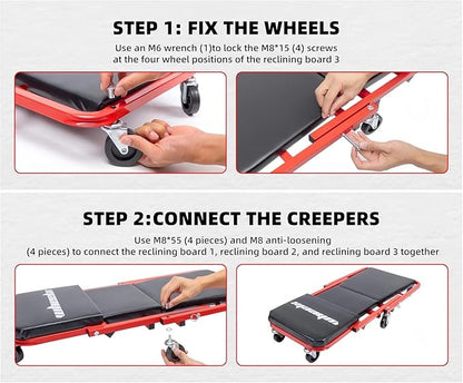 Mechanic Creeper 36 inches 3-in-1 Mode Z Seat 340lbs Capacity, Foldable Garage Adjustable Rolling Folding with 6pcs Wheels Roller, Lay Down Sit Lean Back, Under Car Auto Repair, Red Black