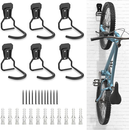Bike Wall Mount with Fixed Hook, [6 Pack] Heavy Duty Bike Storage Rack, Bike Rack Vertical Stand for Garage - Easily Hang/Detach - with Screws Iron Bike Hanger Brackets