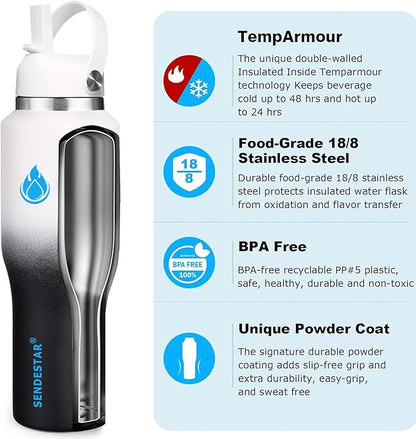 SENDESTAR SENDESTAR 40oz Stainless Steel Water Bottle(Cold for 48 Hrs, Hot for 24 Hrs),Double Wall Vacuum Insulated Bottle with Straw Lid, Spout Lid and Flex Cap, Fit in Any Car Cup Holder