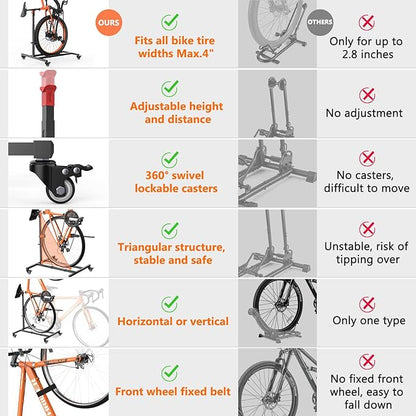 Vertical Bike Stand,Freestanding Space-Saving Bike Rack with Adjustable Height for Wheels Sizes up to 29”,Indoor Bike Storage Rack for Garage & Apartment, Upright Bicycle Floor Holder for MTB Road