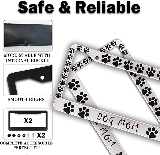 Fun License Plate Frame Cover Black and White License Plate Frames Dog Mom Dog Lover Aluminum Metal Car Accessory 2 Pack with Screw Covers Set