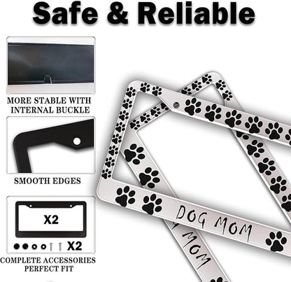 Fun License Plate Frame Cover Black and White License Plate Frames Dog Mom Dog Lover Aluminum Metal Car Accessory 2 Pack with Screw Covers Set