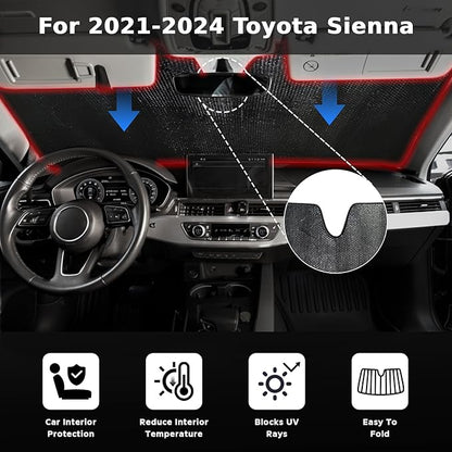 Windshield Sun Shade for 2021-2024 Toyota Sienna L LE SE XLE Limited Van Minivan - 5-Layer Bubble Foldable Front Window Shade Sun Visor Accessories - Blocks Heat & UV Rays