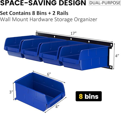 UNITEDPOWER wall mounted garage storage bin, Parts Rack, Plastic Hanging Stackable Storage Bin, Hardware Tool Organizer for workshop, Craft Room, school and Shop, 8 Bins&2 Rails (Blue), Large