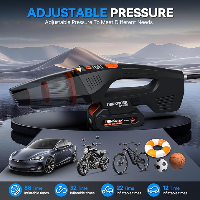 THINKWORK 20V Car Vacuum & Air Compressor, Dual Function High Power Handheld Cordless Vacuum with 18000pa Suction Power for Car Cleaning, Household Dust Removal, Inflation