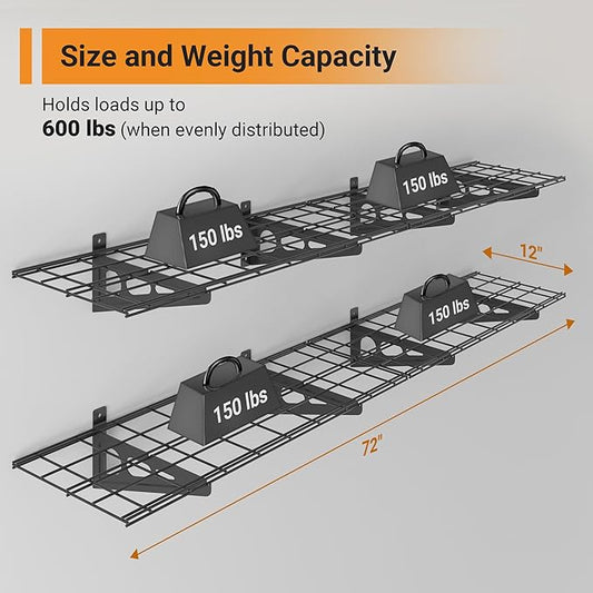 1x6 ft Garage Shelving, 2-Pack Wall-Mounted Shelves for Garage, Kitchen, Pantry Storage, 600 lbs Total Load Capacity Shelving, Black