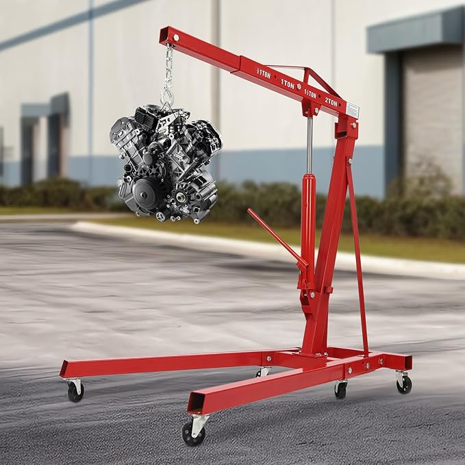 Folding Engine Crane 2 Ton Folding Engine Hoist 4400lbs Crane Hoist Lift with 6 Iron Caster Wheels for Garage, Workshop (Red)