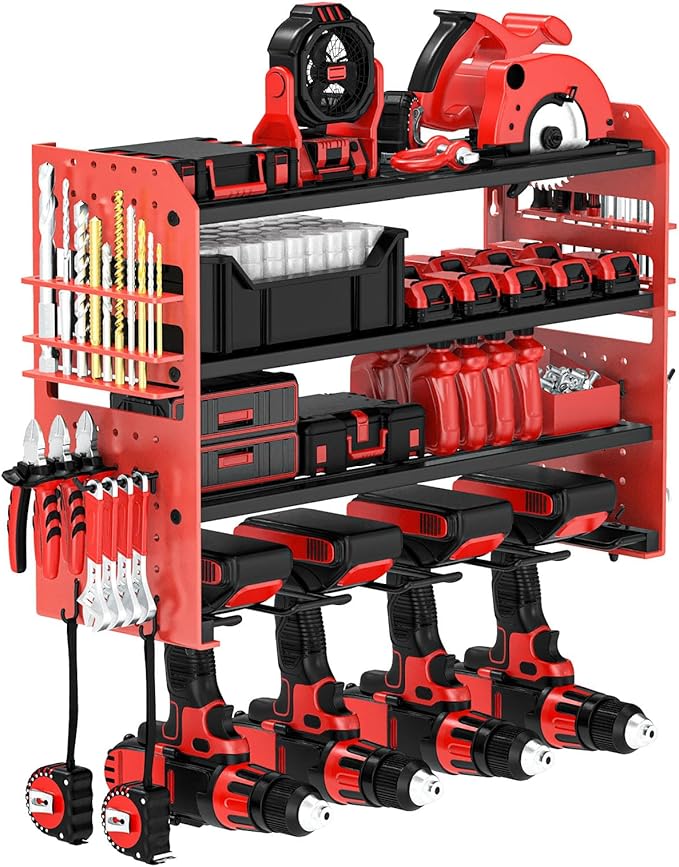 Power Tool Organizer Wall Mount, Red Metal Power Tool Storage Rack with Screwdriver Holder, Garage Tool Storage Shelves with Screwdriver Holder Plier Holder (Red, 4 Drills Holder)