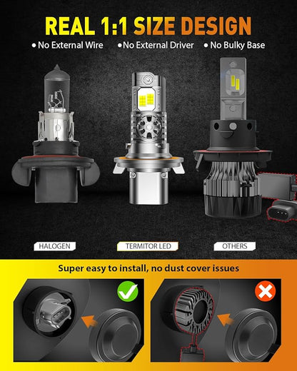 Latest H13/9008 Light Bulbs Hi/Low Beam, 60000LM 1000% Super Brighter, 70000+ Hrs Long Service Life, 6500K Cool White, Real 1:1 Halogen Mini Size, Plug N Play, Pack of 2