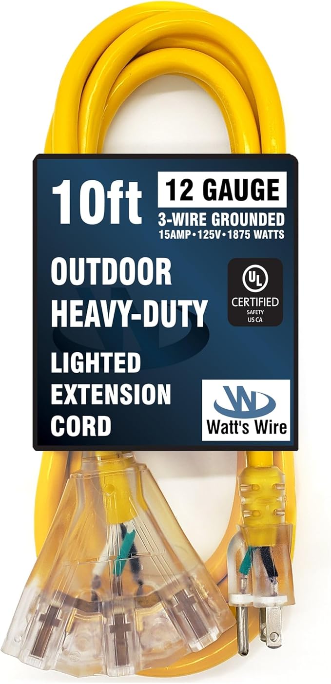 10 ft - 12 Gauge Heavy Duty Extension Cord - 3 Outlet Lighted SJTW - Indoor/Outdoor Extension_Cord by Watt's Wire - 10' 12-Gauge Grounded 15 Amp ExtensionCord Splitter