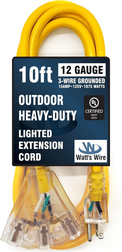 10 ft - 12 Gauge Heavy Duty Extension Cord - 3 Outlet Lighted SJTW - Indoor/Outdoor Extension_Cord by Watt's Wire - 10' 12-Gauge Grounded 15 Amp ExtensionCord Splitter