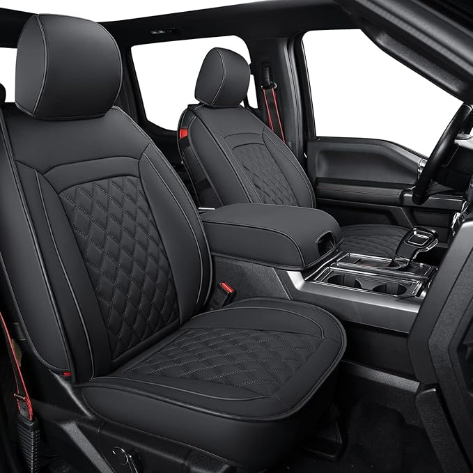 LUCKYMAN CLUB F150 Faux Leather Seat Covers Fit for 2015-2025 F150 SuperCrew and 2017-2025 F250 F350 F450 Super Duty Crew Cab Pickup Trucks(Full Set, Black)
