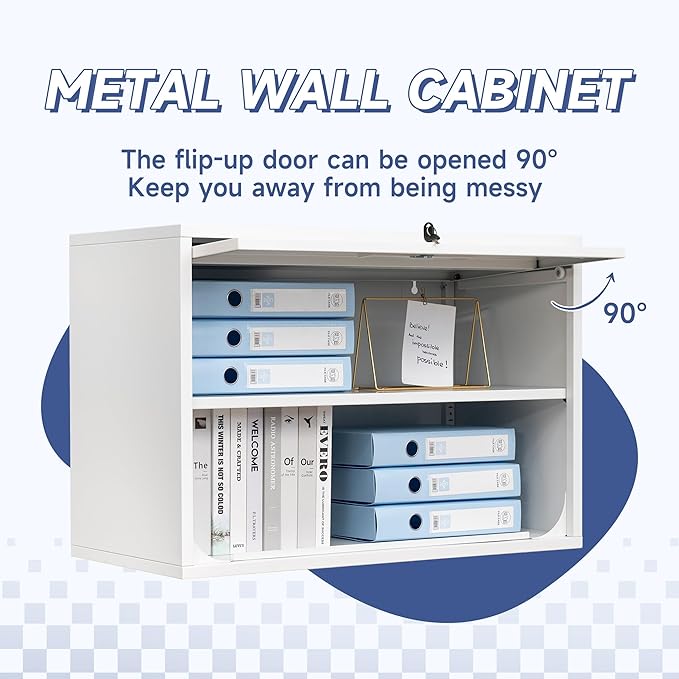 Metal Wall Cabinet with Locking Door and Shelf, Hanging Garage Cabinets with Up-Flip Doors for Garage, Warehouse, Home, Office, Assembly Required (White, One Cabinet)