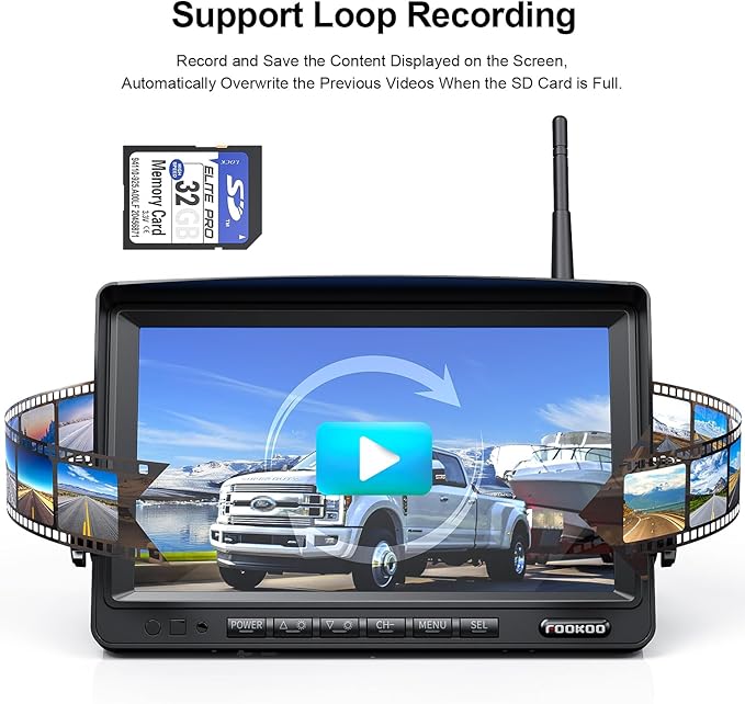 Fookoo 1080P 7" Wireless Backup Camera System, 7" HD Dual/Quad Split Monitor with Recording, IP69 Waterproof Rear View Front View Cameras with Parking Lines, Suits for RV/Truck/Trailer/Van/Bus(DW702)