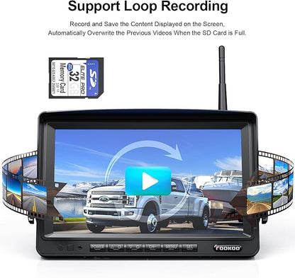 Fookoo 1080P 7" Wireless Backup Camera System, 7" HD Dual/Quad Split Monitor with Recording, IP69 Waterproof Rear View Front View Cameras with Parking Lines, Suits for RV/Truck/Trailer/Van/Bus(DW702)