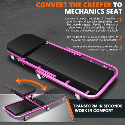 DNA MOTORING 40 Inches Folding 2 in 1 Rolling Z Creeper, Adjustable Roller Garage Chair Lay Down or Sit, 6 Pcs 2" Casters, 150kg Weight Capacity, Purple, TOOLS-00187-PR
