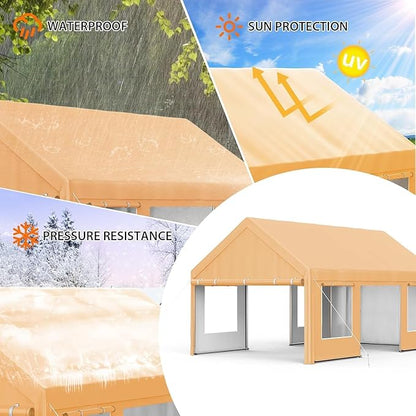 13x20 FT Heavy Duty Carport, Oversized Portable Garage with 4 Doors & 4 Windows, Reinforced Frame, All Weather Protection Outdoor Shelter Canopy for Cars, Boats, Trucks, BBQ and Outdoor Gatherings