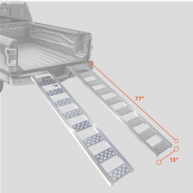 Rockland Straight Aluminum Loading Ramp, 77'' x 13'', 1250 LBS Loading Capacity, Portable Ramp for Motorcycles, Ebikes and ATVs, 2 Pcs