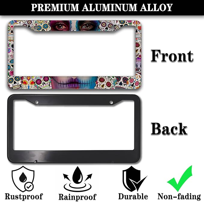 License Plate Frames for Women Multicolor Plate Cover for Men Sugar Skull Universal Aluminum Car Accessory 2 Pack with Screw Covers Set
