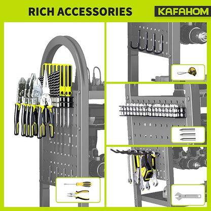 KAFAHOM Power Tool Organizer - 4 Tier Rolling Tool Cart with 8-12 Drill Holder,Tool Storage Cart on Wheels - Heavy Duty Metal Utility Tool Shelf for Garage, Workshop, Warehouse & Repair Shop