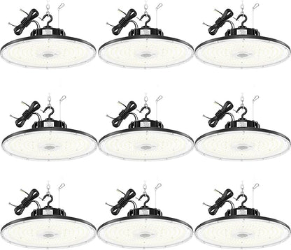 BBESTLED 9 Pack LED High Bay Lights 240W 33,600LM 5000K, Dimmable UFO LED High Bay Shop Light, UL DLC Listed, IP65 Waterproof Commercial Warehouse Lights for Gyms Garage Workshop Barn Factory