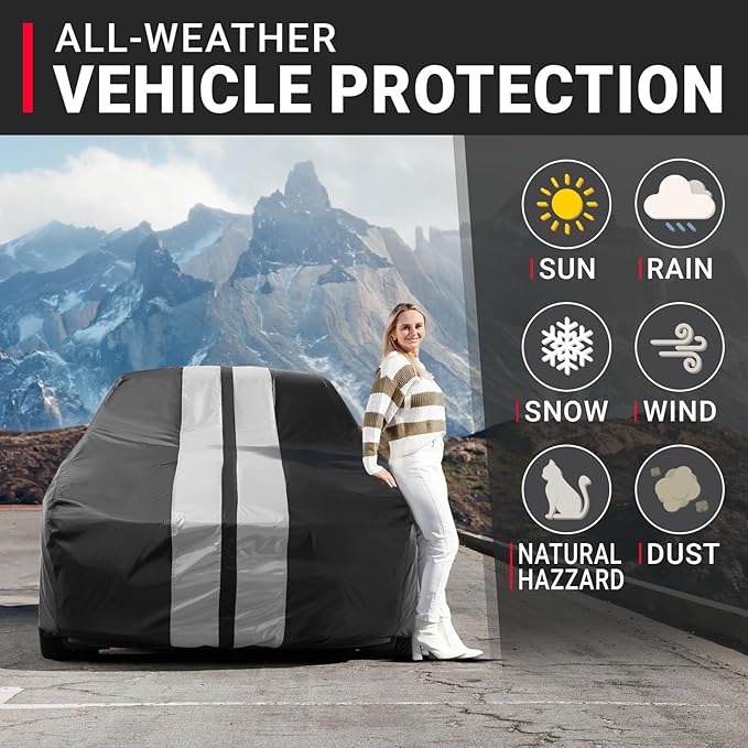 iCarCover Custom Car Cover Compatible with Mustang 1969-1973, Waterproof All Weather Rain Snow UV Sun Protector Full Exterior Indoor Outdoor Car Covers, Stripe (Black/Gray)