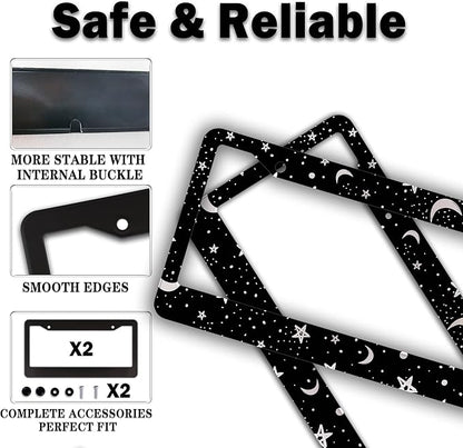 License Plate Frames Black and White License Plate Covers Night Moon Star Black Print Aluminum Metal Car Accessory 2 Pack with Screw Covers Set