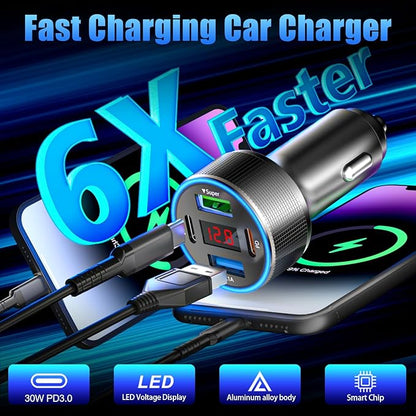 Car Charger with USB C Cable, 78W 4 Port Car Phone Charger Adapter Fast Charging, Dual USB C Car USB Adapter for iPhone 16 15 14 13 12, iPad, Samsung Glaxy, Android (Black & Cable)