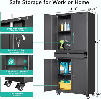 Metal Garage Storage Cabinet with Wheels and Drawer,73" Tall Black Rolling Garage Cabinet with Locking Doors and Adjustable Shelves,Mobile Metal Storage Cabinets on Wheels for Home,Office,Garages,Tool
